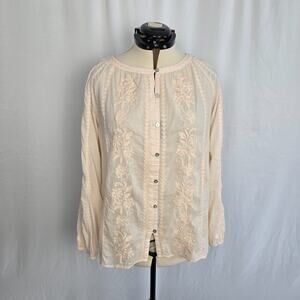 J. Jill Button Down Embroidered Blouse Women's M Cream - Pink Cotton Blend